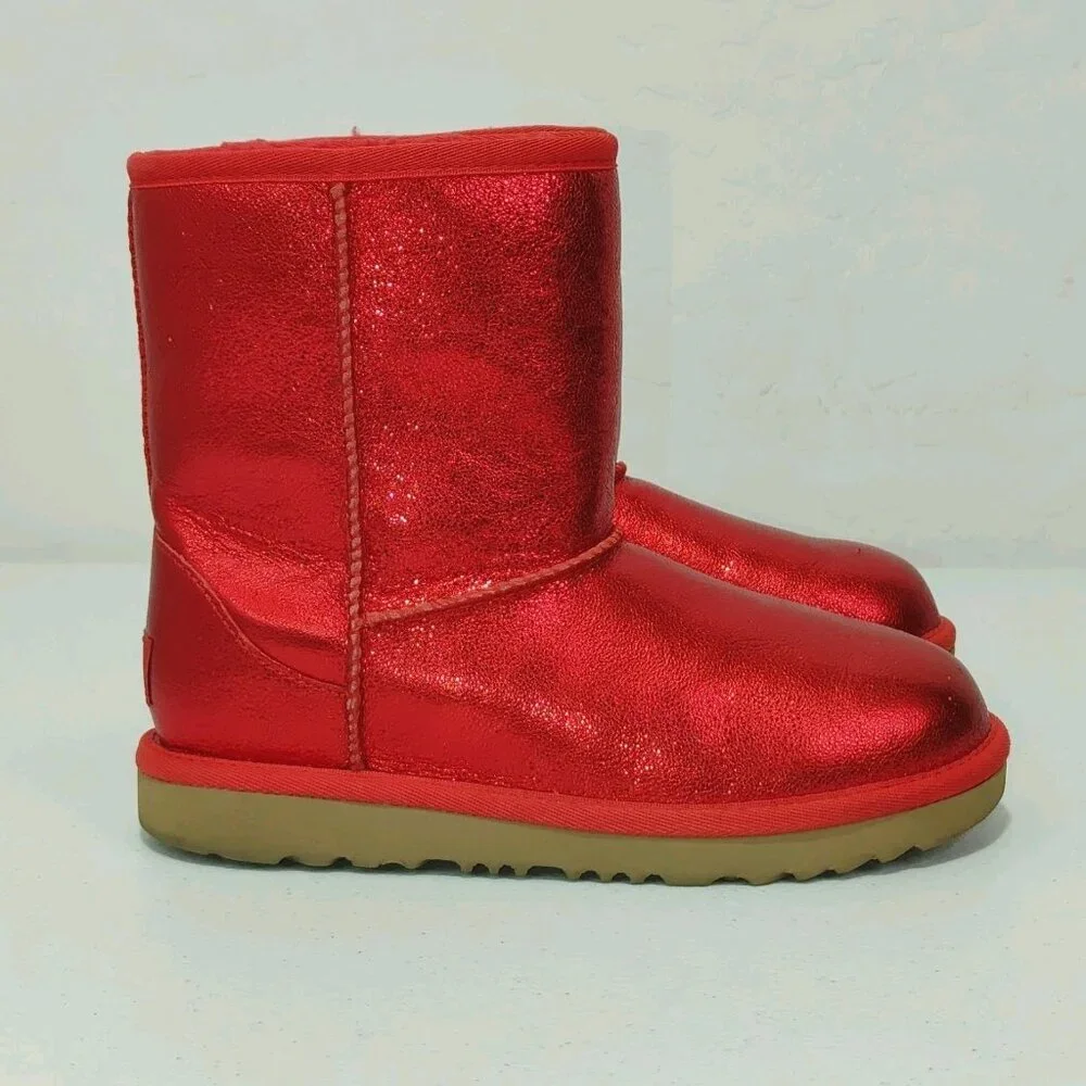 UGG Classic II Red Metallic Sparkle Leather Winter Boots Kids Size 3